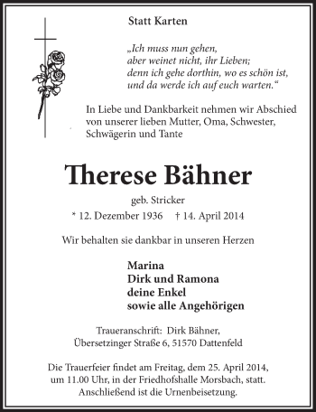 Anzeige von Therese Bähner von  Lokalanzeiger 