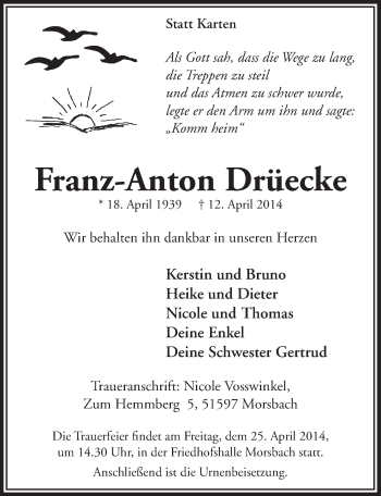 Anzeige von Franz-Anton Drüecke von  Lokalanzeiger 