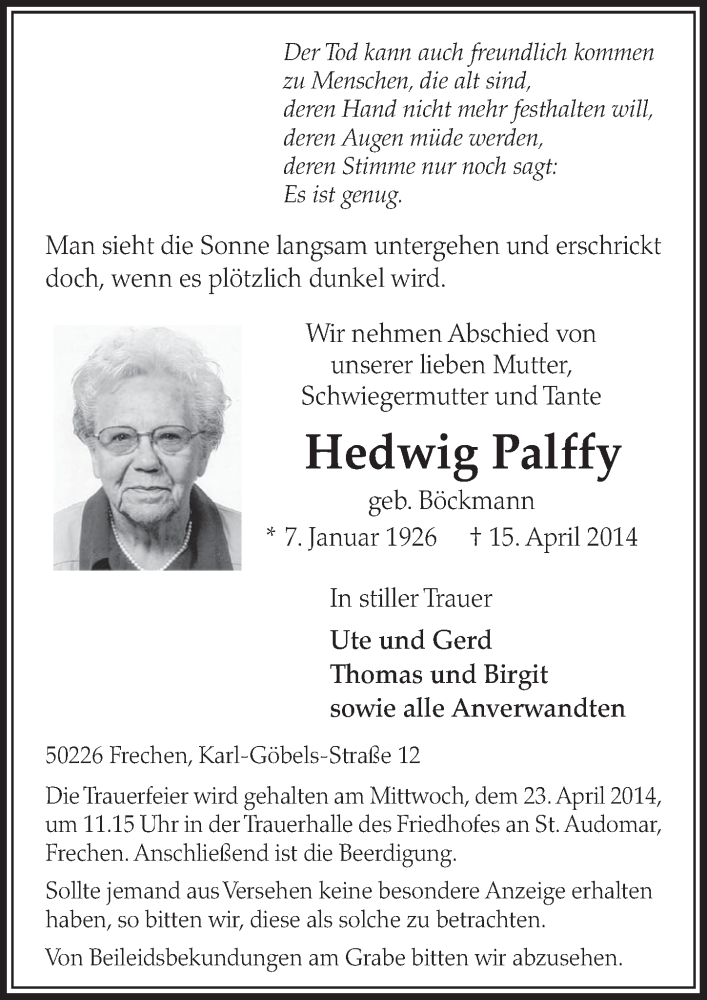  Traueranzeige für Hedwig Palffy vom 19.04.2014 aus  Sonntags-Post 
