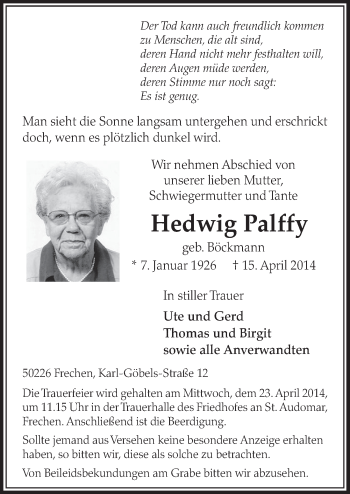 Anzeige von Hedwig Palffy von  Sonntags-Post 
