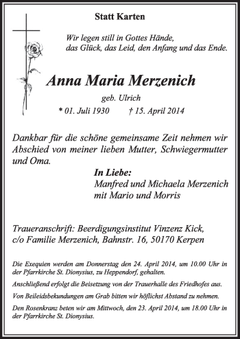 Anzeige von Anna Maria Merzenich von  Sonntags-Post 