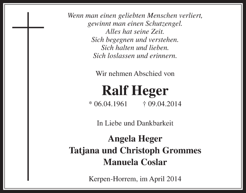  Traueranzeige für Ralf Heger vom 23.04.2014 aus  Werbepost 
