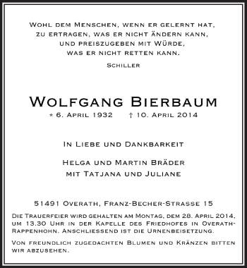Anzeige von Wolfgang Bierbaum von  Bergisches Handelsblatt 