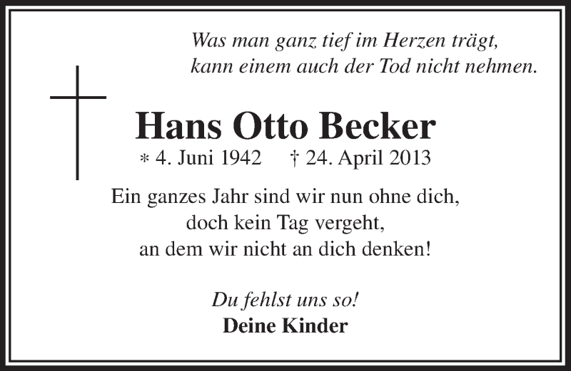  Traueranzeige für Hans Otto Becker vom 23.04.2014 aus  Lokalanzeiger 