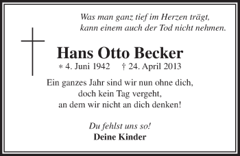 Anzeige von Hans Otto Becker von  Lokalanzeiger 
