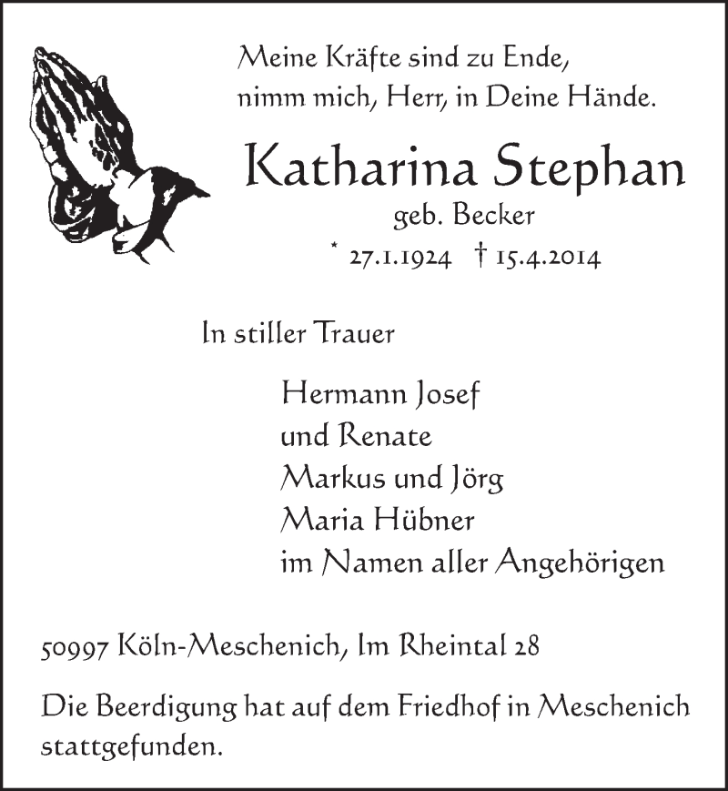  Traueranzeige für Katharina Stephan vom 23.04.2014 aus  Schlossbote/Werbekurier 