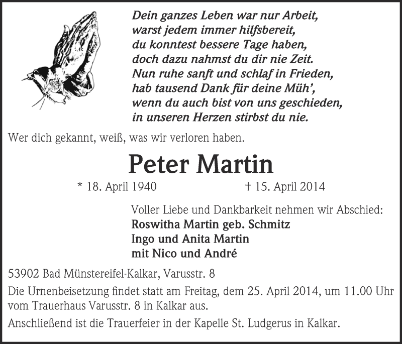  Traueranzeige für Peter Martin vom 20.04.2014 aus  Blickpunkt Euskirchen 