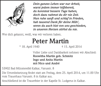 Anzeige von Peter Martin von  Blickpunkt Euskirchen 