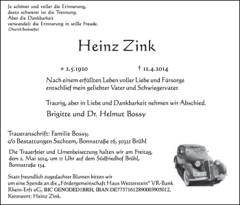 Anzeige von Heinz Zink von  Schlossbote/Werbekurier 