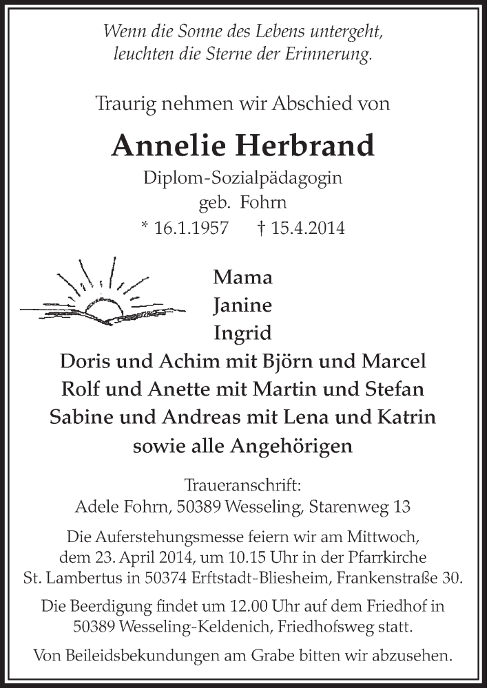  Traueranzeige für Annelie Herbrand vom 23.04.2014 aus  Schlossbote/Werbekurier 