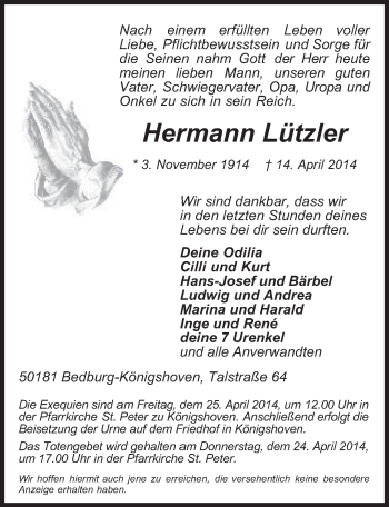 Anzeige von Hermann Lützler von  Werbepost 