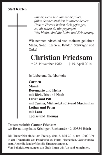 Anzeige von Christian Friedsam von  Schlossbote/Werbekurier 