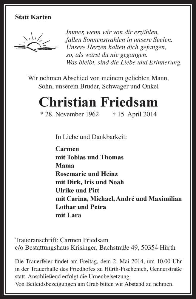  Traueranzeige für Christian Friedsam vom 23.04.2014 aus  Wochenende 