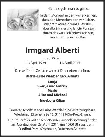 Anzeige von Irmgard Alberti von  Kölner Wochenspiegel 