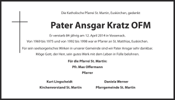Anzeige von Ansgar Kratz von  Blickpunkt Euskirchen 
