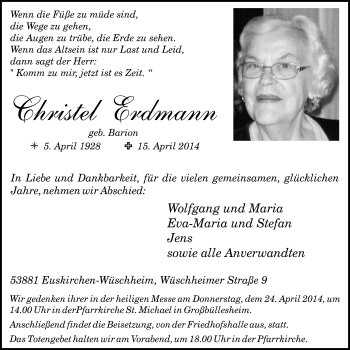 Anzeige von Christel Erdmann von  Blickpunkt Euskirchen 