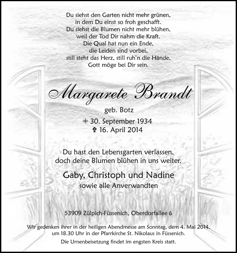  Traueranzeige für Margarete Brandt vom 27.04.2014 aus  Blickpunkt Euskirchen 