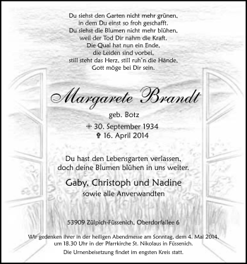 Anzeige von Margarete Brandt von  Blickpunkt Euskirchen 