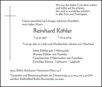 Anzeige von Reinhard Köhter von  Schlossbote/Werbekurier 
