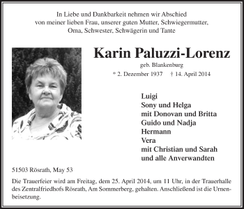 Anzeige von Karin Paluzzi-Lorenz von  Bergisches Handelsblatt 