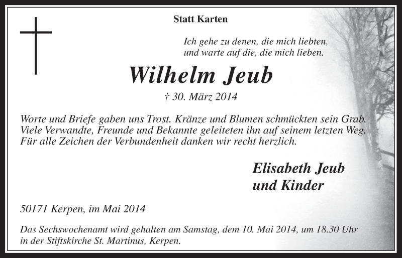  Traueranzeige für Wilhelm Jeub vom 30.04.2014 aus  Werbepost 