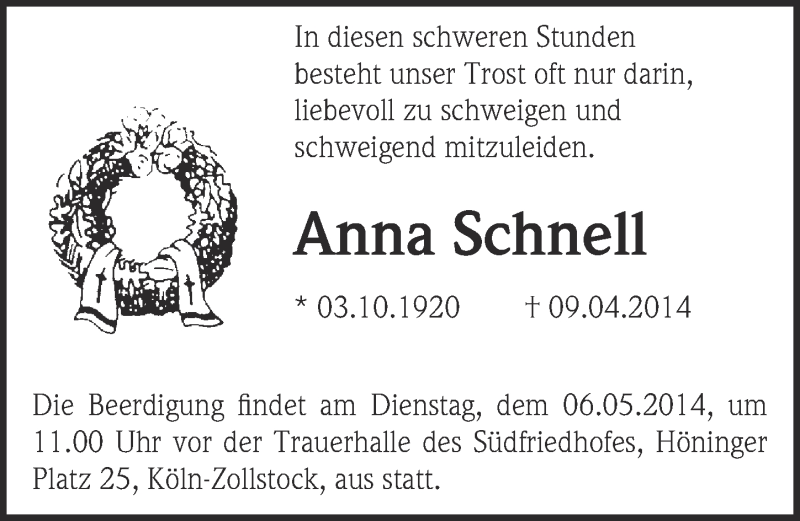  Traueranzeige für Anna Schnell vom 30.04.2014 aus  Kölner Wochenspiegel 