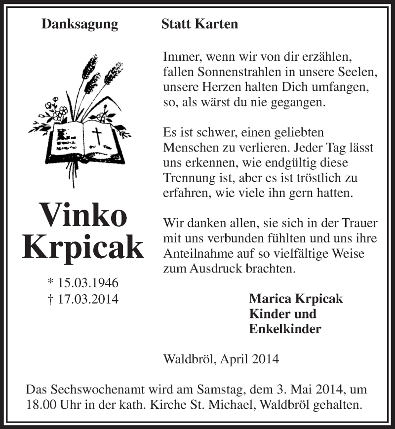  Traueranzeige für Vinko Krpicak vom 30.04.2014 aus  Lokalanzeiger 