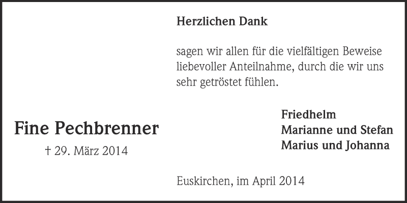  Traueranzeige für Fine Pechbrenner vom 27.04.2014 aus  Blickpunkt Euskirchen 