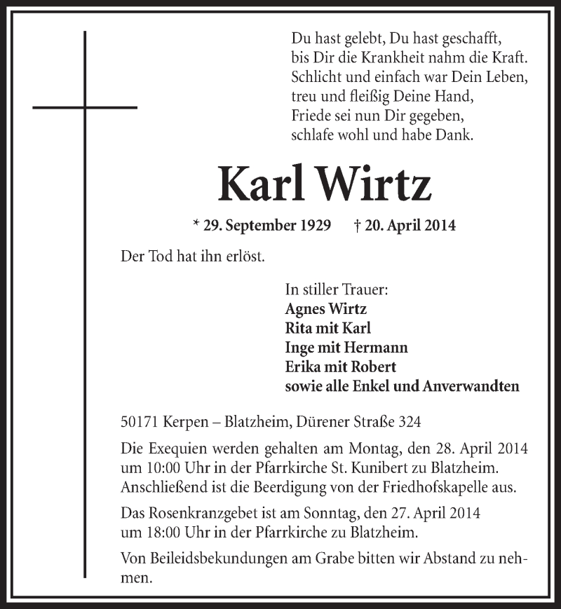  Traueranzeige für Karl Wirtz vom 26.04.2014 aus  Sonntags-Post 