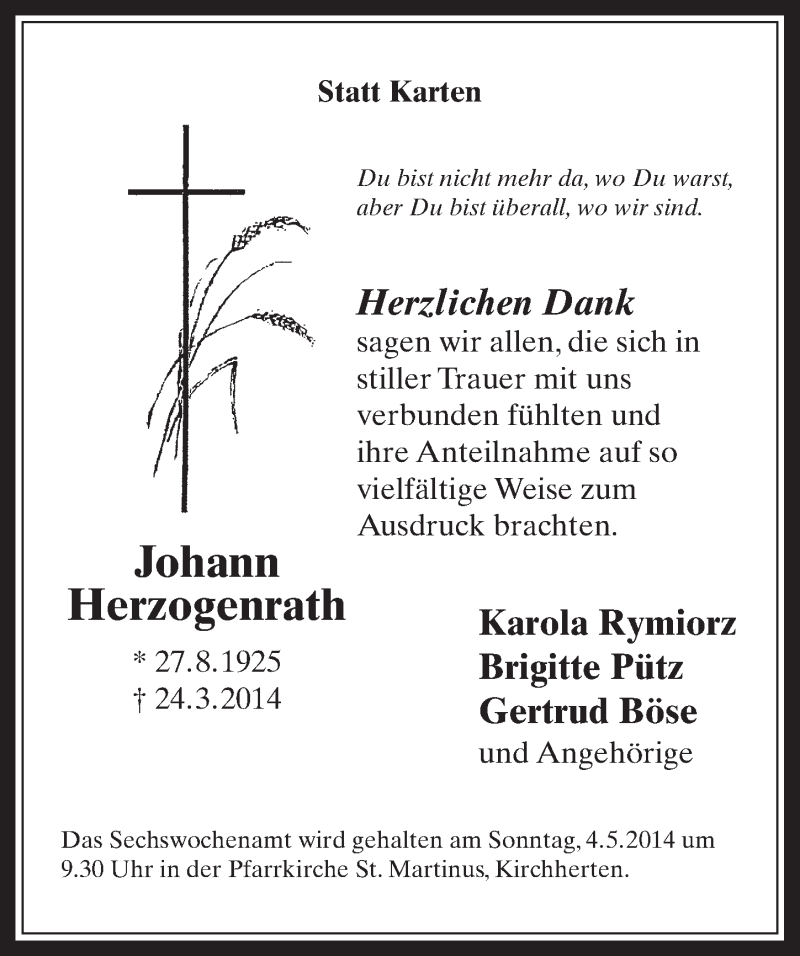  Traueranzeige für Johann Herzogenrath vom 30.04.2014 aus  Werbepost 