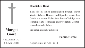 Anzeige von Margot Göwe von  Sonntags-Post 