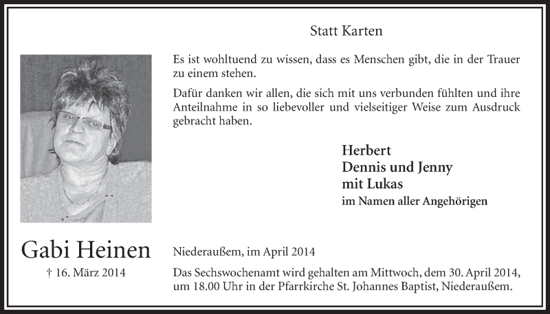  Traueranzeige für Gabi Heinen vom 26.04.2014 aus  Sonntags-Post 