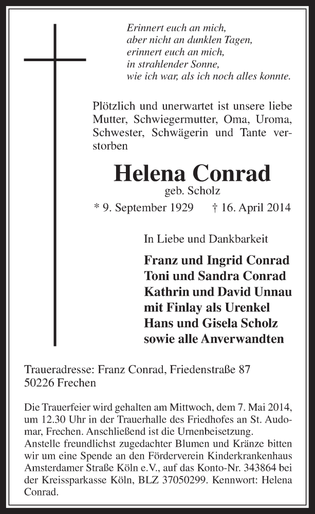  Traueranzeige für Helena Conrad vom 30.04.2014 aus  Wochenende 