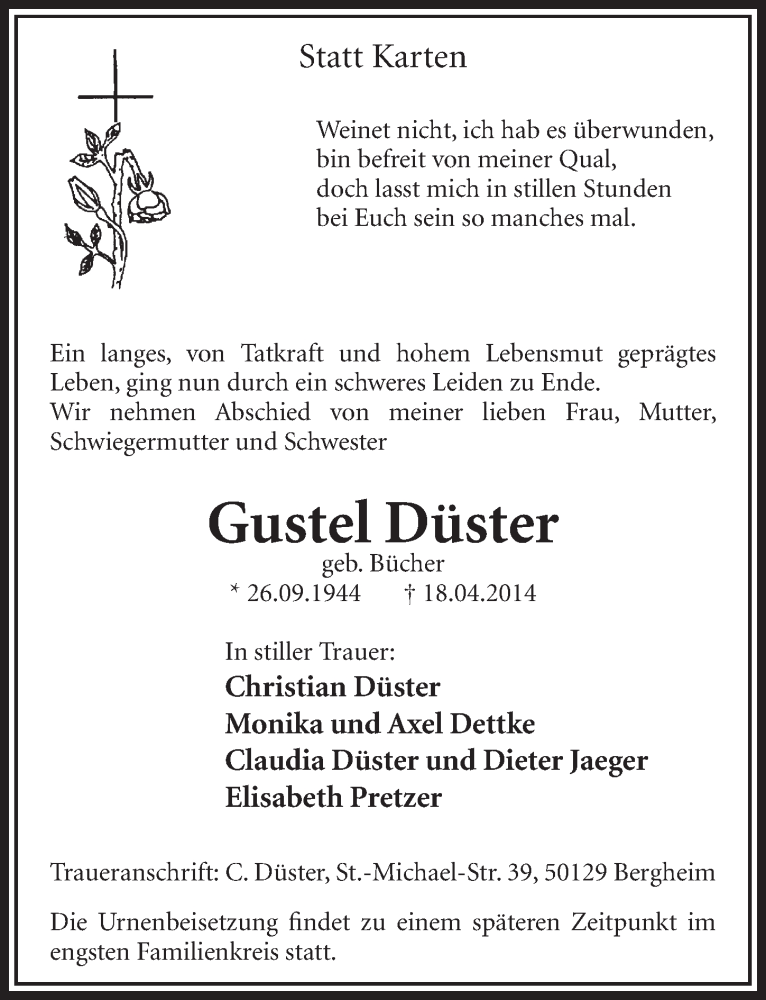  Traueranzeige für Gustel Düster vom 26.04.2014 aus  Sonntags-Post 