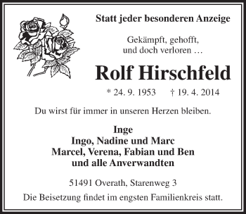 Anzeige von Rolf Hirschfeld von  Bergisches Handelsblatt 