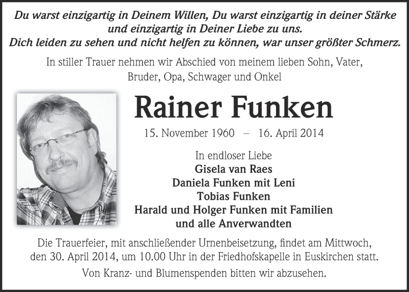  Traueranzeige für Rainer Funken vom 27.04.2014 aus  Blickpunkt Euskirchen 