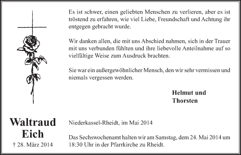  Traueranzeige für Waltraud Eich vom 14.05.2014 aus  Extra Blatt 