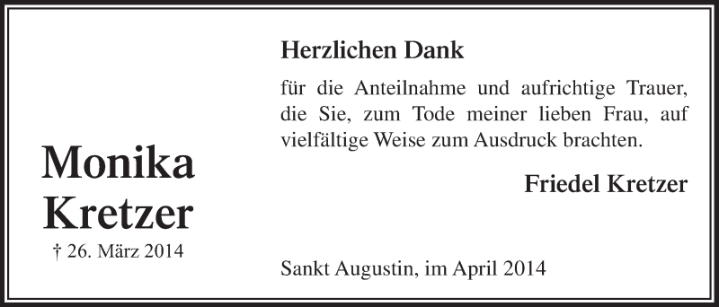  Traueranzeige für Monika Kretzer vom 30.04.2014 aus  Extra Blatt 
