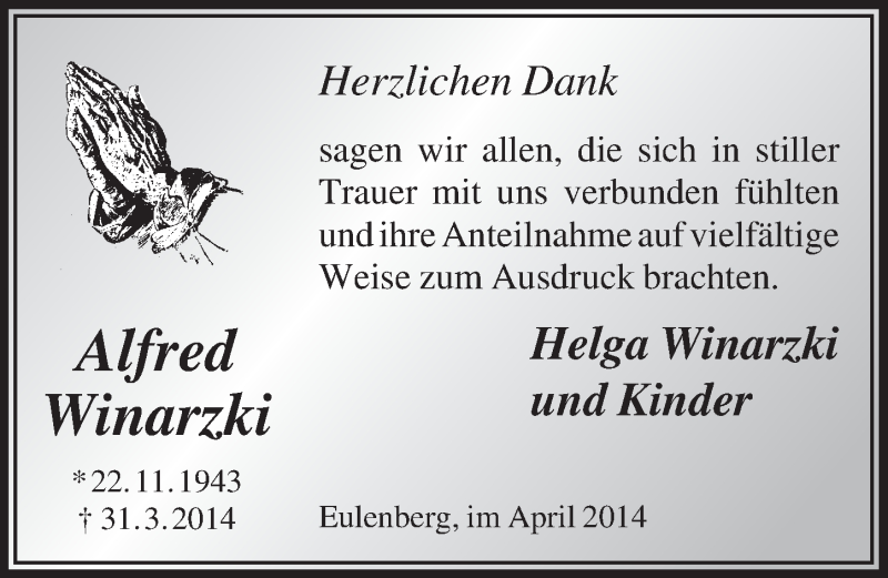  Traueranzeige für Alfred Winarzki vom 30.04.2014 aus  Extra Blatt 