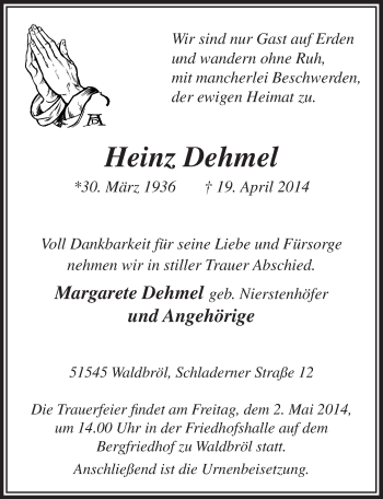 Anzeige von Heinz Dehmel von  Lokalanzeiger 