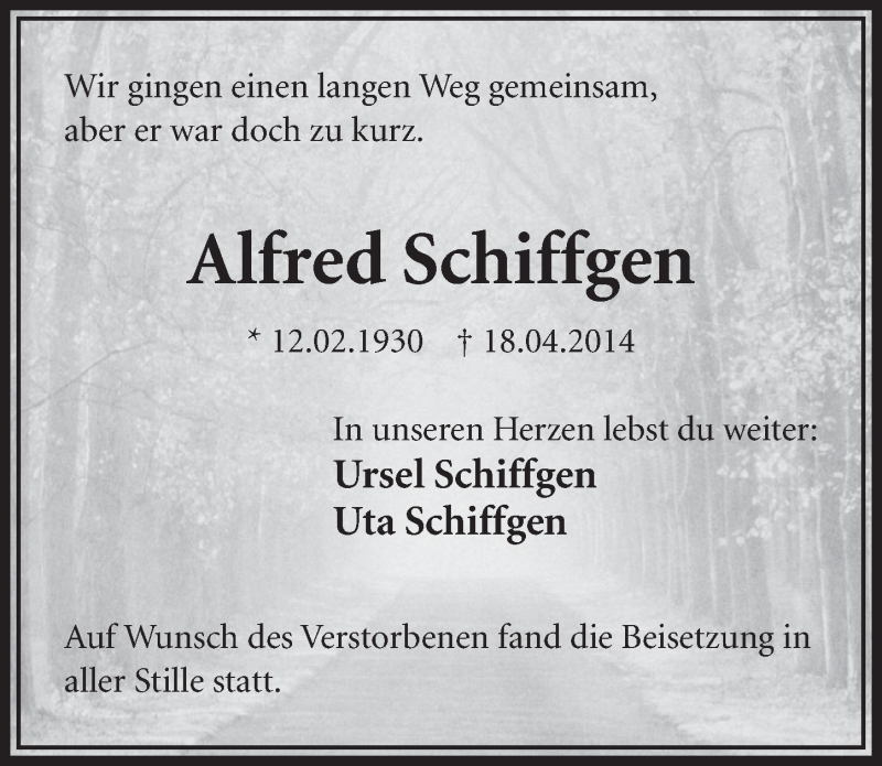  Traueranzeige für Alfred Schiffgen vom 26.04.2014 aus  Sonntags-Post 