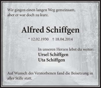 Anzeige von Alfred Schiffgen von  Sonntags-Post 
