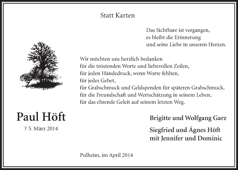  Traueranzeige für Paul Höft vom 26.04.2014 aus  Sonntags-Post 