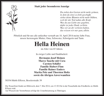 Anzeige von Hella Heinen von  Wochenende 