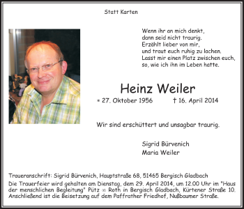 Anzeige von Heinz Weiler von  Bergisches Sonntagsblatt 