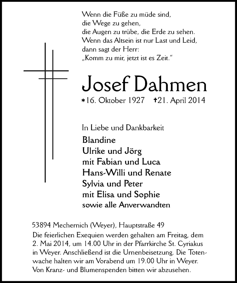  Traueranzeige für Josef Dahmen vom 27.04.2014 aus  Blickpunkt Euskirchen 