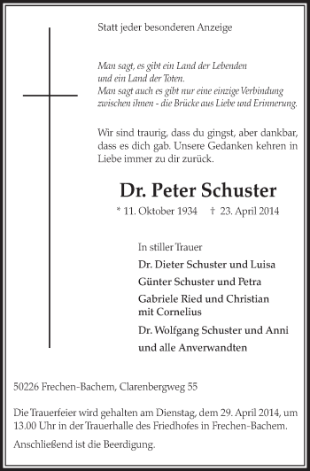 Anzeige von Peter Schuster von  Sonntags-Post 
