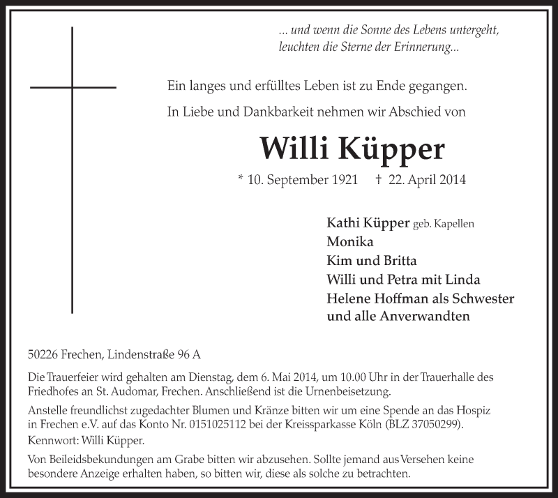  Traueranzeige für Willi Küpper vom 26.04.2014 aus  Sonntags-Post 
