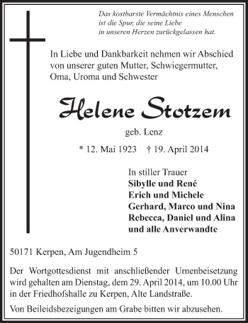 Anzeige von Helene Stotzem von  Sonntags-Post 