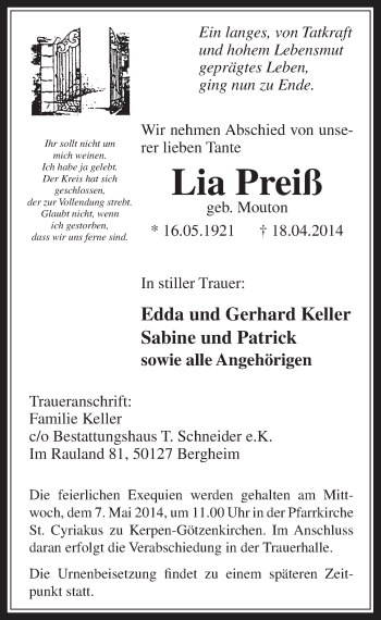 Anzeige von Lia Preiß von  Werbepost 